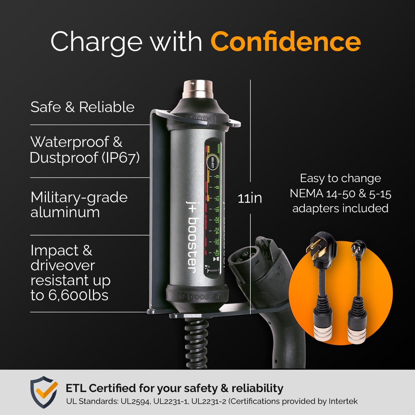 Cargador EV J+ Booster UP-JB2, estación de carga para vehículos de 240 V y 40 A con adaptadores NEMA 5-15 y 14-50