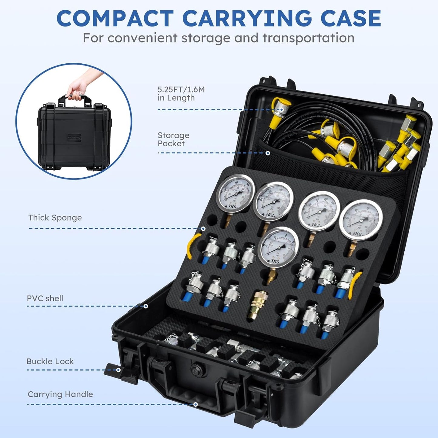 Kit de prueba de presión hidráulica, 5 indicadores (10/100/250/400/600bar) 60mpa 13 acoplamientos de prueba, 14 conectores en T, 5 mangueras de prueba con estuche de transporte portátil