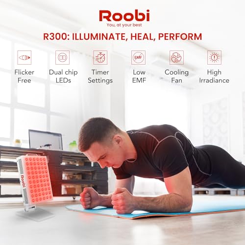 Roobi Terapia de luz roja 660nm 850nm infrarrojo cercano, doble chip parpadeo libre LEDs, soporte ajustable, 60 LED, grado clínico para energía, dolor, piel, recuperación, rendimiento.