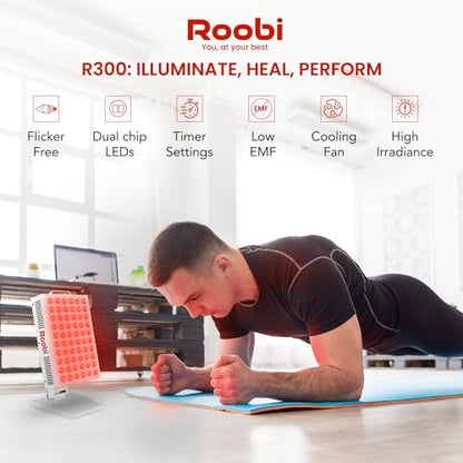 Roobi Terapia de luz roja 660nm 850nm infrarrojo cercano, doble chip parpadeo libre LEDs, soporte ajustable, 60 LED, grado clínico para energía, dolor, piel, recuperación, rendimiento.