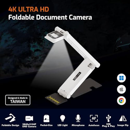 INS-Flip 4 4K USB Cámara portátil de documentos, cámara web/visualizador, 13MP Ultra HD, diseño plegable, enfoque automático, micrófono, LED, compatible con Mac OS, Windows, iPad, Chromebook
