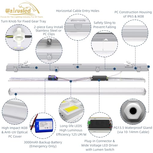 Luz hermética de vapor LED con sensor de tres niveles de 4 pies, IP65 IK08, 20 W (2500 lm)/40 W (5000 lm) seleccionable, 5000 K, 100-277 V, regulable, luz impermeable al aire libre, accesorio de