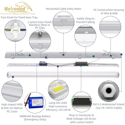 Luz hermética de vapor LED con sensor de tres niveles de 4 pies, IP65 IK08, 20 W (2500 lm)/40 W (5000 lm) seleccionable, 5000 K, 100-277 V, regulable, luz impermeable al aire libre, accesorio de