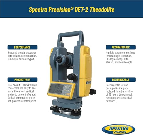 Spectra Precision DET-2 Teodolito digital de 2 arcos de precisión de segundo arco con pantalla LCD dual, compensación de inclinación, resistencia al polvo/agua IP54 y opciones de alimentación