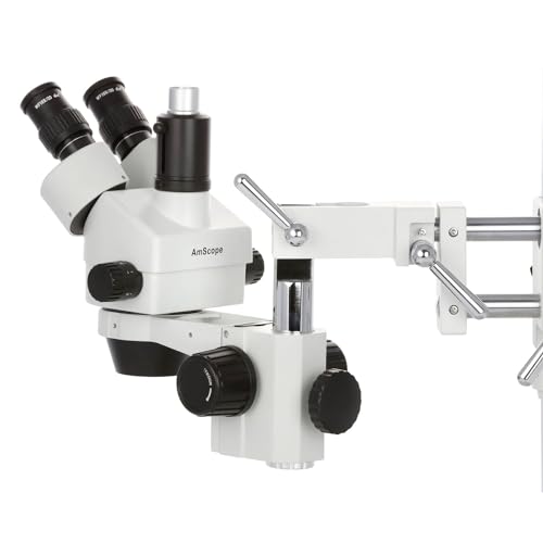 AmScope SM-4TP - Microscopio Profesional de Zoom estéreo trinocular con Control de Enfoque simultáneo, oculares WH10x, Aumento 7X-45X, Lente de Zoom 0.7X-4.5X, iluminación Ambiental, Soporte de Brazo