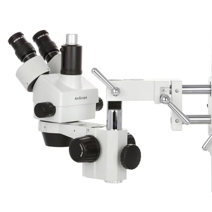 AmScope SM-4TP - Microscopio Profesional de Zoom estéreo trinocular con Control de Enfoque simultáneo, oculares WH10x, Aumento 7X-45X, Lente de Zoom 0.7X-4.5X, iluminación Ambiental, Soporte de Brazo