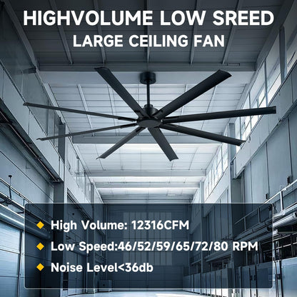 ZOEYON 96IN-Black- Ventilador de techo industrial de 96 pulgadas - Ventilador de techo grande con motor CC, 3 varillas de suspensión, control remoto de 6 velocidades, 8 cuchillas reversibles de aluminio