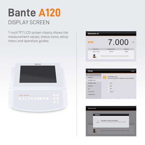 Medidor de pH de laboratorio Bante A120 | Medidor de pH de sobremesa | Precisión de pH ±0.002, calibración de 5 puntos, modo de medición ORP seleccionable, punto final de lectura automática, 1000