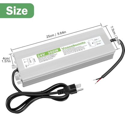 Fuente de alimentación de 24 V 300 W, 90-130 V CA a 24 V CC 12.5 A, controlador LED impermeable IP67, transformador de bajo voltaje de 24 voltios, adaptador con enchufe de 3 clavijas para luz LED, uso