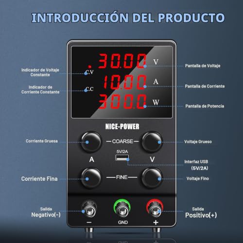 NICE-POWER SPS3010 Fuente de alimentación CC variable: 30V 10A Fuente de alimentación de conmutación ajustable regulada de alta precisión con pantalla LED de 4 dígitos, salida de cable de prueba de puerto USB