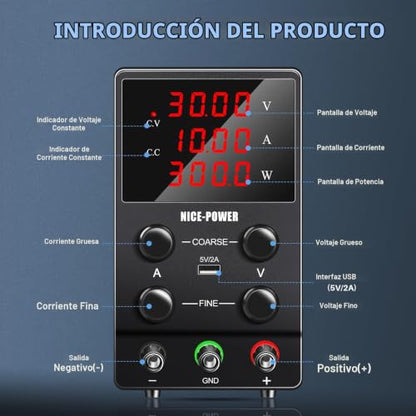 NICE-POWER SPS3010 Fuente de alimentación CC variable: 30V 10A Fuente de alimentación de conmutación ajustable regulada de alta precisión con pantalla LED de 4 dígitos, salida de cable de prueba de puerto USB