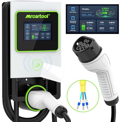 MR CARTOOL EV Charger Type 2 Charging Unit 7kW/32A Electric Car Charger IP65 EV Charging Station with Scheduled Charging, LCD Touchscreen, RFID Card, 8M Cable, Home Wall Mount Rapid Charging Point