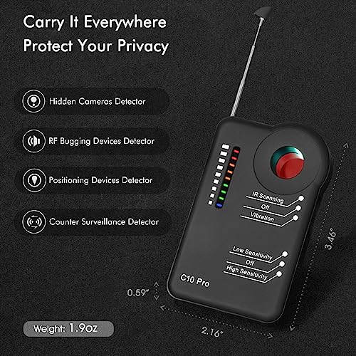 Detector de cámara C10 Pro – Detector profesional de RF Buscador de cámara oculta, barrendero antiespía, rastreador GPS, dispositivo de escucha, escáner de teléfono celular para interiores