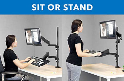 MOUNT-IT! Soporte de escritorio para monitor de pie sentado [se adapta a pantallas de 32 pulgadas] brazo articulado de movimiento completo con bandeja para teclado y gestión de cables (negro)