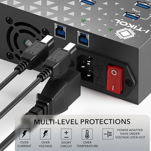 I-Tikol Concentrador divisor USB 3.0 de 20 puertos con fuente de alimentación, transferencia de datos de alta velocidad para computadora de escritorio, laptop, disco duro, PC, expande y acelera hasta 5 Gbps
