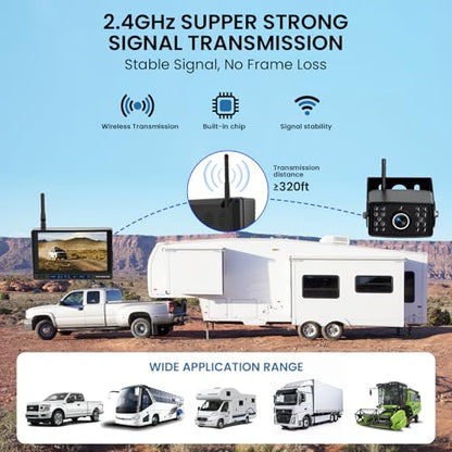 Cámara de respaldo para RV, 7 pulgadas, cámaras de respaldo de vehículo 1080P con detección de IA, cámara de respaldo inalámbrica impermeable con grabación DVR y visión nocturna para