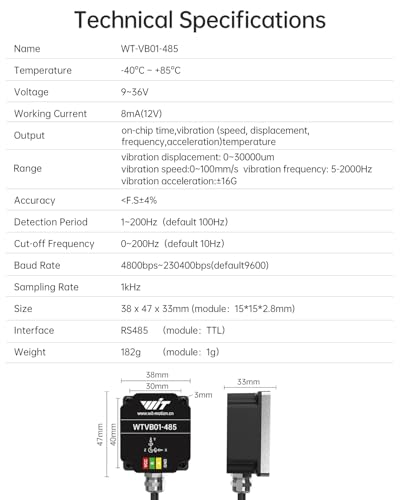 WITMOTION - [RS485 Modbus Sensor de Vibración] WTVB01-485 IP68 Transductor impermeable Ar-Duino, 3-Axis Aceleración Velocidad Angular Vibración (Complitude+Frecuencia+Desplazamiento+Velocidad) Detector, Módulo