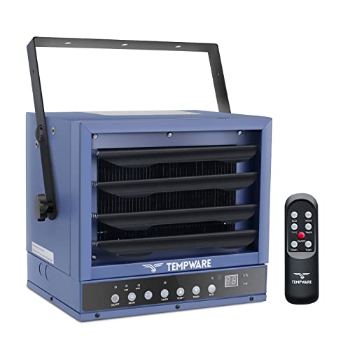 Calentador eléctrico de cochera, 7500 W, con ventilador digital forzado para montaje en techo, calentador de tienda con control remoto de función completa, calentador con cable de 240 voltios con temporizador de 12 horas, ideal para taller