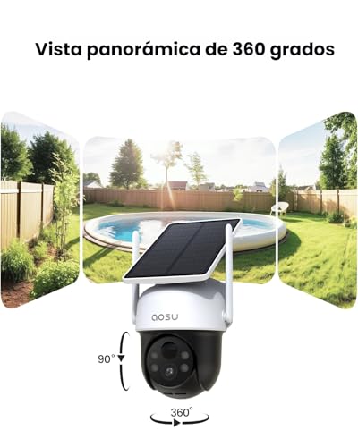 AOSU C9C Cámara solar de seguridad para exteriores – Cámaras de seguridad 100% sin cables, inalámbricas para exteriores para vigilancia en el hogar con panel solar fijo, vista panorámica de 360°