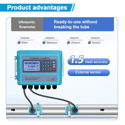Medidor de flujo ultrasónico Whappocco Medidor de flujo de agua Abrazadera en medidor de flujo líquido Medidor de flujo digital montado en la pared con transductor pequeño para tubería DN15-3.937 in