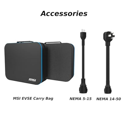 MSI EZgo NACS, 40A/9.6Kw, cargador portátil de nivel 1/2 con enchufe NEMA 5-15 y NEMA 14-50, color blanco