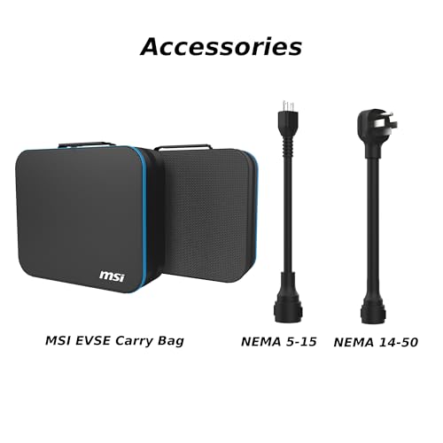 MSI EZgo NACS, 40A/9.6Kw, cargador portátil de nivel 1/2 con enchufe NEMA 5-15 y NEMA 14-50, color blanco