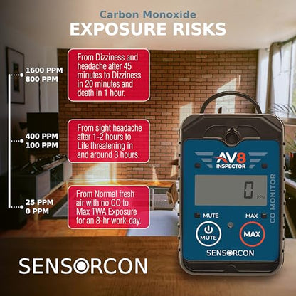 AV8 Inspector Detectores portátiles de monóxido de carbono para aviación - Monitor digital de monóxido de carbono de grado profesional con alarmas visuales y de audio