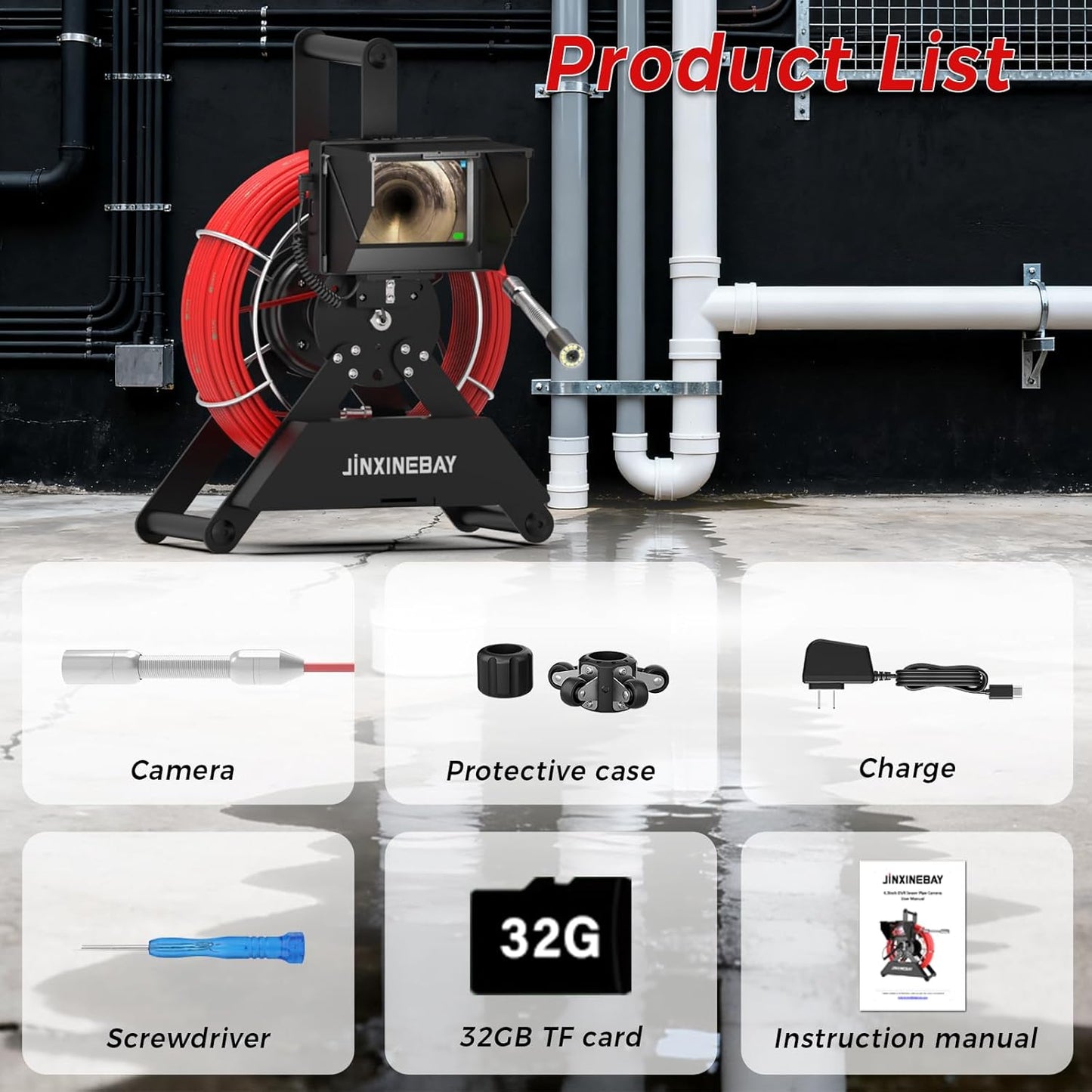 Cámara de inspección de tubería de alcantarillado, monitor IPS de 4.3 pulgadas, tarjeta TF de 16 GB DVR, IP68 1200TVL HD cámara de 98.4 ft/cable de fibra de vidrio de 30m/100 pies, visión