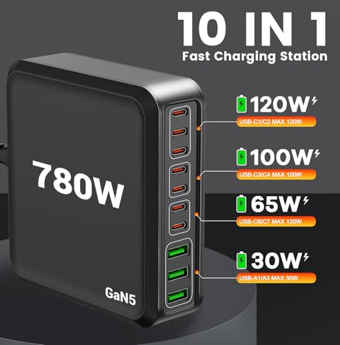 Bloque de cargador USB C de 780 W estación de carga rápida de 10 puertos USB C GaN PD 120 W adaptador de cargador para laptop MacBook Pro/Air, DELL, iPad, iPhone, Samsung Galaxy