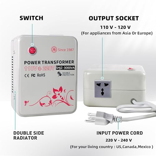 SUNSHUN SHJZ-3000VA Transformador convertidor de voltaje de 3000 vatios (3000 W) de 110 V a 220 V adaptador transformador para uso en los Estados Unidos para electrodomésticos europeos y asiáticos