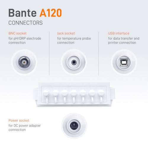 Medidor de pH de laboratorio Bante A120 | Medidor de pH de sobremesa | Precisión de pH ±0.002, calibración de 5 puntos, modo de medición ORP seleccionable, punto final de lectura automática, 1000