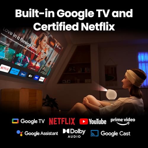 BenQ GV50 | Proyector portátil láser, 500 lúmenes, nativo 1080p, compatible con 4K, proyección de techo, base de trípode, ángulo giratorio, Google TV, Netflix certificado, WiFi y Bluetooth, altavoz integrado