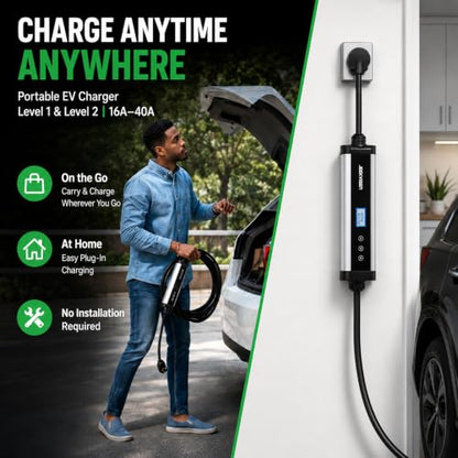 Cargador EV de nivel 1/2, 9.6kW 40A 240V, cable de 25 pies, certificado ETL, enchufe NEMA 14-50 y 5-15, ajustable 16A-40A, estación de carga portátil para vehículos eléctricos J1772 - JEEKVISEN #YGBJ1772