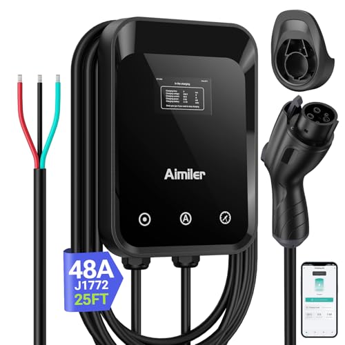 Cargador de vehículo eléctrico de nivel 2 (EV) (WiFi APP/Plug-Play), 48A, cable de 25 pies certificado ETL, cable duro de 240 V (sin enchufe) y conector J1772 EVSE EV Estaciones de carga de coche eléctrico para el hogar Nivel 2 (48) - ZB18-U011KBH-F002
