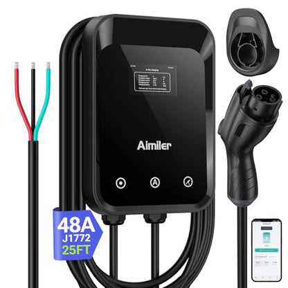 Cargador de vehículo eléctrico de nivel 2 (EV) (WiFi APP/Plug-Play), 48A, cable de 25 pies certificado ETL, cable duro de 240 V (sin enchufe) y conector J1772 EVSE EV Estaciones de carga de coche eléctrico para el hogar Nivel 2 (48) - ZB18-U011KBH-F002