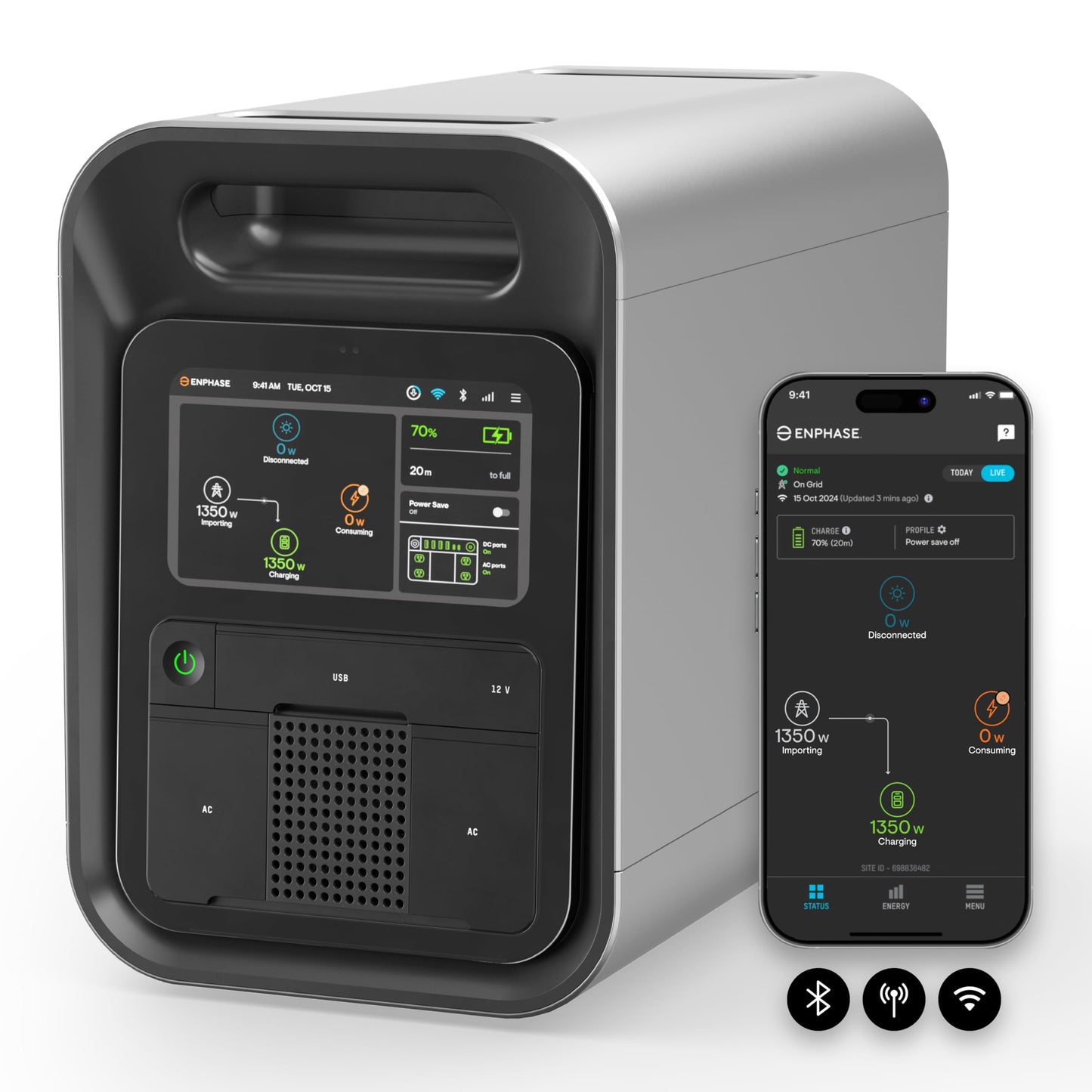 Enphase IQ PowerPack 1500 - Alimentación portátil avanzada con tecnología microinversor, pantalla táctil LCD, control de aplicaciones Enphase, Wi-Fi, celular, Bluetooth, 1500 Wh, certificado UL PES-1515-BL-US