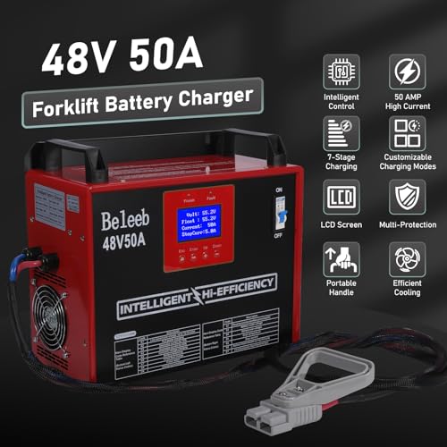 Cargador de batería ajustable de 48 V 50 A, cargador inteligente para baterías de plomo-ácido y litio LiFePO4, cargador cableado de 240 V CA para carretillas elevadoras, carros de golf, BLB-48V50A