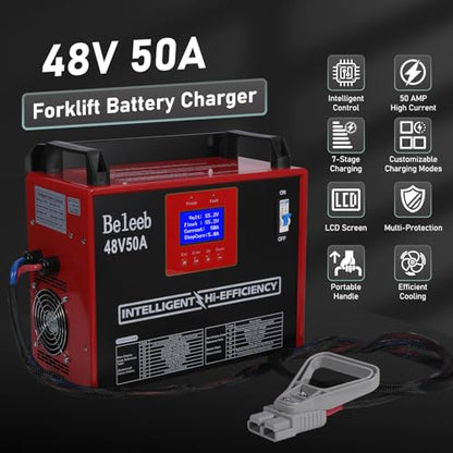 Cargador de batería ajustable de 48 V 50 A, cargador inteligente para baterías de plomo-ácido y litio LiFePO4, cargador cableado de 240 V CA para carretillas elevadoras, carros de golf, BLB-48V50A