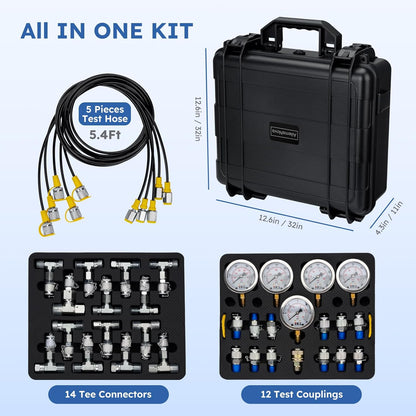 Kit de prueba de presión hidráulica, 5 indicadores (10/100/250/400/600bar) 60mpa 13 acoplamientos de prueba, 14 conectores en T, 5 mangueras de prueba con estuche de transporte portátil