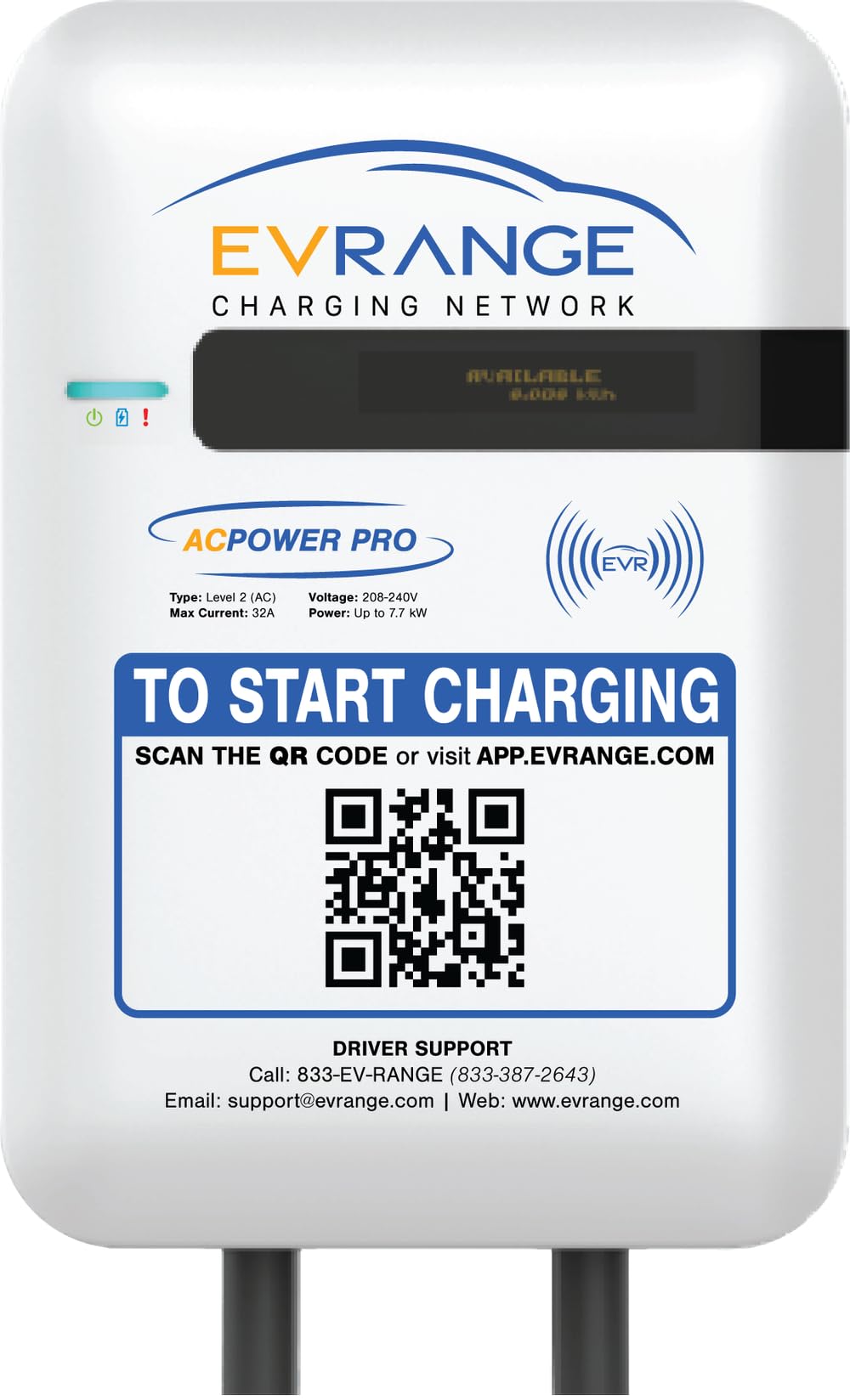 EV RANGE Estación de carga comercial para vehículos eléctricos, compatible con OCPP, cargador generador de ingresos con aplicación Driver Pay, con tecnología EV Range Software AC1-1-32-1120