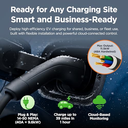 Icapia Cargador EV de nivel 2 comercial – 11.5kW Hardwire o 9.6kW Plug-in con cable de 25 pies, conector J1772 | Estación de carga habilitada y totalmente lista para OCPP 1.6 – RFID, control de aplicaciones ICACOP48-PS