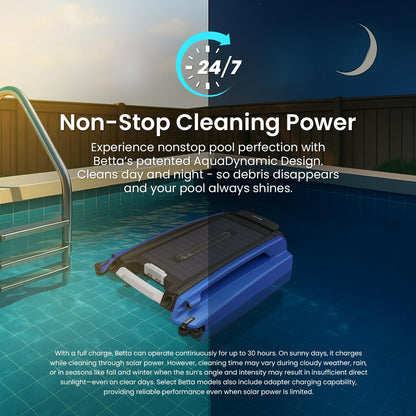 Betta SE - Limpiador robótico automático de superficie de piscina con batería de limpieza continua 24/7 y motores tolerantes al cloro de sal doble rediseñados (azul)