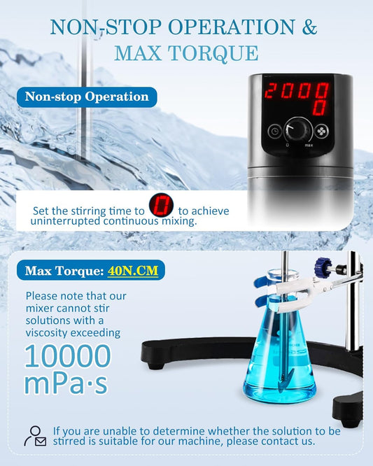 Agitador eléctrico Max.40L LCD Digital Lab Mixer 10000mPa.s Tiempo y velocidad ajustable varilla de agitación incluida 100-2000RPM 120W