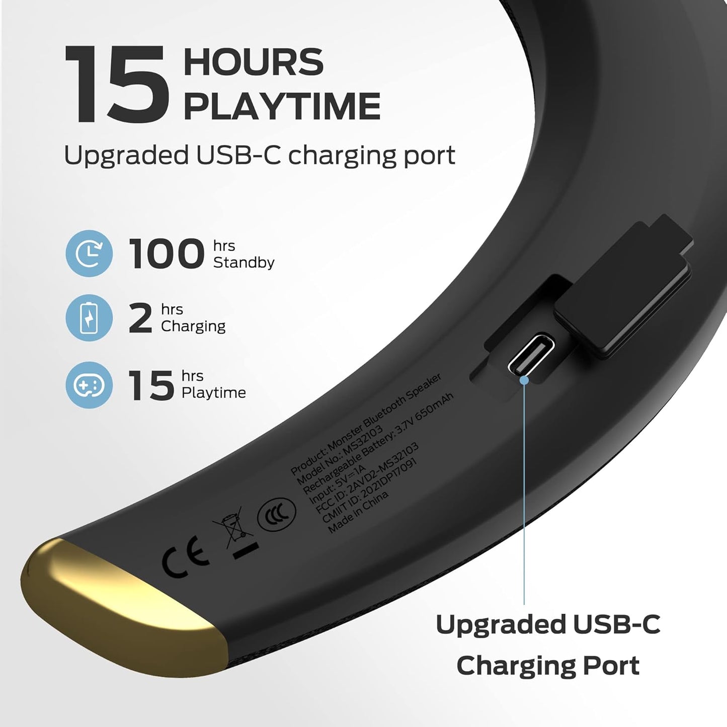 Monster Boomerang - Altavoces Bluetooth con banda para el cuello, con 15 horas de reproducción, sonido estéreo 3D de alta fidelidad, baja latencia, micrófono integrado, IPX5 impermeable para usar en