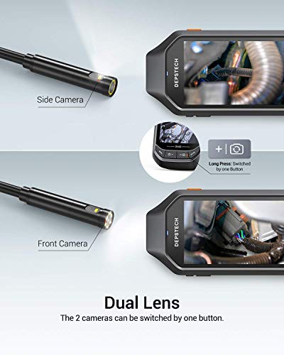 DEPSTECH Endoscopio de doble lente, cámara de inspección HD 1080P de 4.5 pulgadas con luz, boroscopio industrial de 7.9 mm IP67 impermeable, batería de 3300 mAh, funda de almacenamiento, cable semirrígido de 16.5 pies, tarjeta de 32 GB