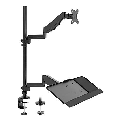 MOUNT-IT! Soporte de escritorio para monitor de pie sentado [se adapta a pantallas de 32 pulgadas] brazo articulado de movimiento completo con bandeja para teclado y gestión de cables (negro)