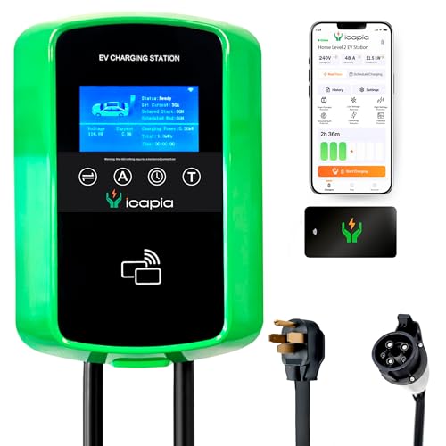 Cargador EV de Nivel 2 48A 11.5kW (40A 9.6 kW Enchufable) - Enchufe NEMA 14-50 Certificado UL con Cable Rígido SAE J1772 de 25' - Estación de Carga de Vehículos Eléctricos 240V con APP #ICACH50-S
