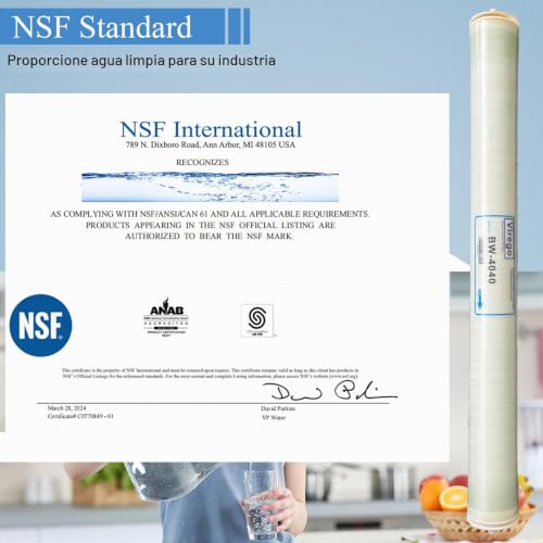BW-4040, Membrana RO de 10,16 cm x 101,6 cm para Desalinización de Agua Salobre, Membrana de Ósmosis Inversa BW 4040 para Toda la Casa, Agua Municipal, Certificada NSF, Tasa de Desalinización del