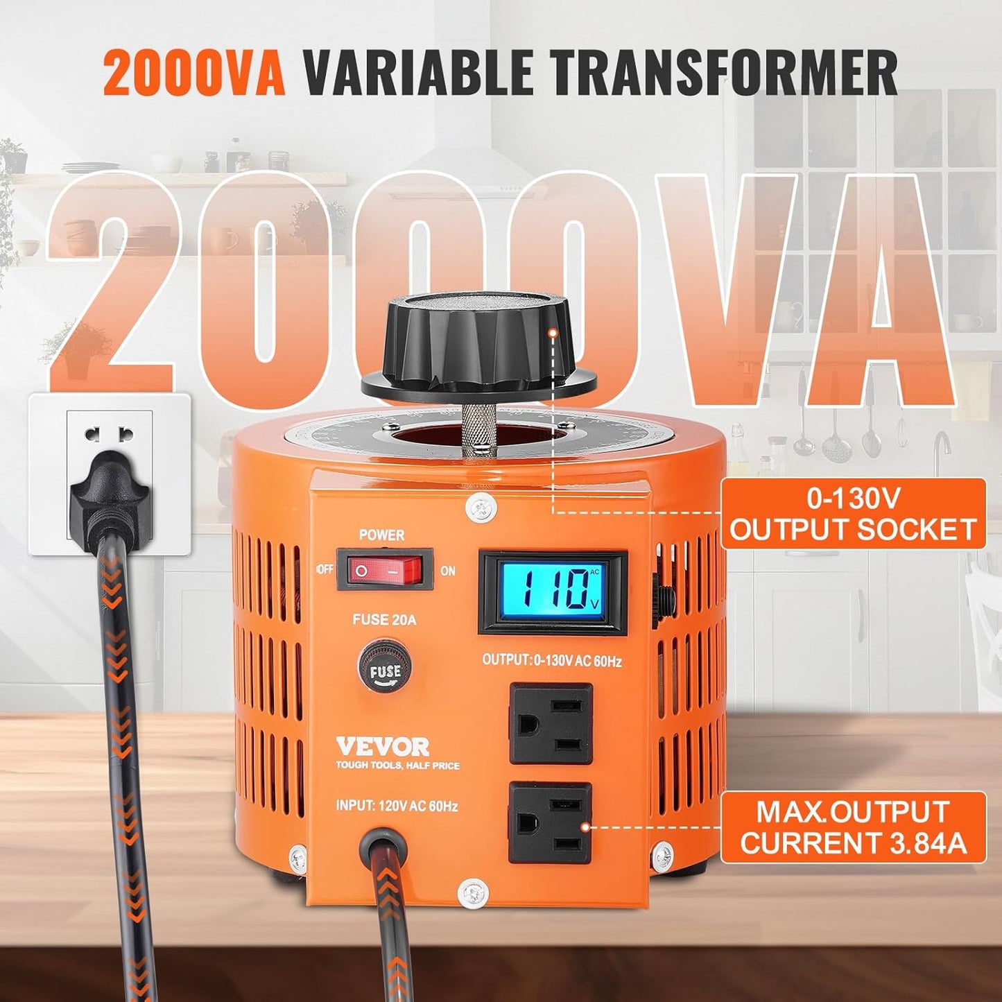 VEVOR Transformador de voltaje variable automático 2000VA, 15.3 amperios, entrada de 110 V, 0-130 V, regulador de voltaje de CA, con pantalla LCD, 4 fusibles adicionales, interruptor de control