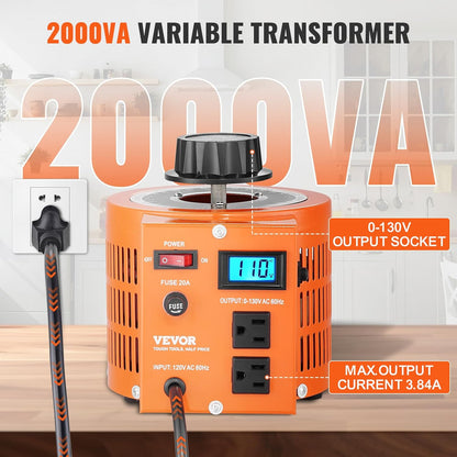 VEVOR Transformador de voltaje variable automático 2000VA, 15.3 amperios, entrada de 110 V, 0-130 V, regulador de voltaje de CA, con pantalla LCD, 4 fusibles adicionales, interruptor de control